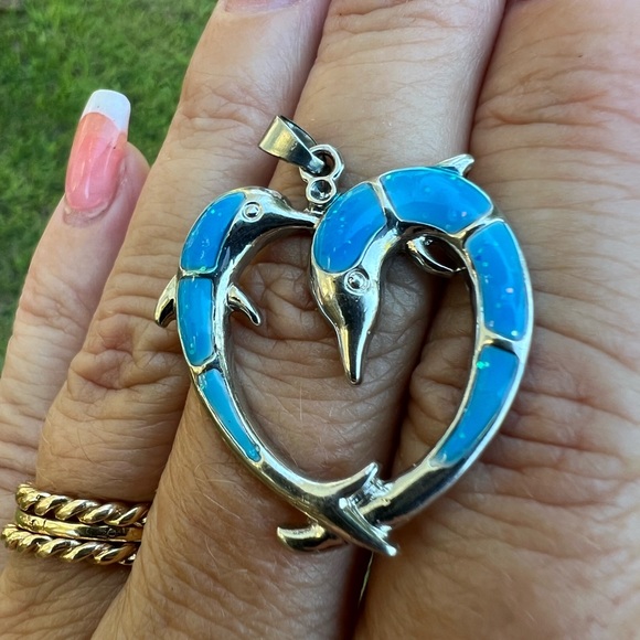Faux Blue Opal Double Dolphin Heart Pendant 👠 - Picture 3 of 17